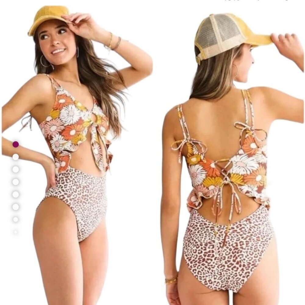 Floral Tie-Front One-Piece Swimsuit in Orange and Cream